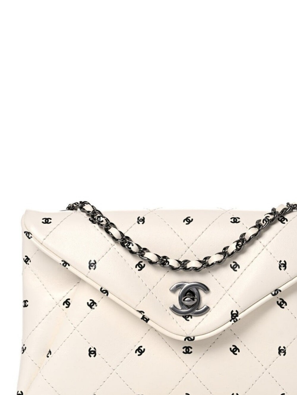Printed Lambskin Logo CC Envelope Clutch With Chain White